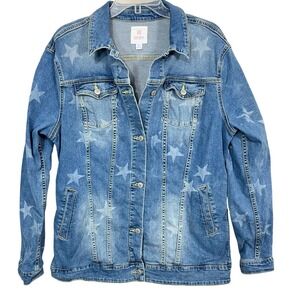 Lularoe Jaxon Denim Stretch Denim‎ All Over Star Print Jacket Size XL
